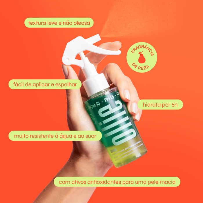 Claims do protetor solar corporal bifásico FPS 65 com fragrância de pera. Possui textura leve não oleosa, fácil de aplicar e espalhar, hidrata por 6h, muito resistente à água e ao suor, com ativos antioxidantes para uma pele macia.