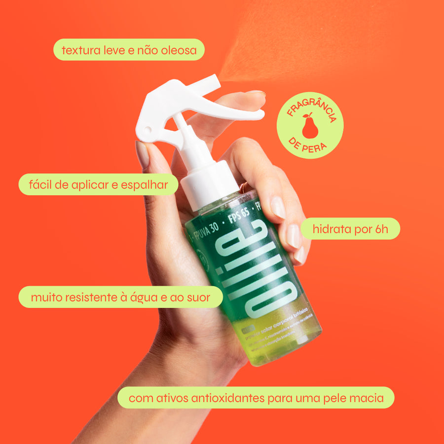 Claims do protetor solar corporal bifásico FPS 65 com fragrância de pera. Possui textura leve não oleosa, fácil de aplicar e espalhar, hidrata por 6h, muito resistente à água e ao suor, com ativos antioxidantes para uma pele macia.