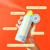 Características do produto protetor solar em aerossol da Ollie, textura leve, fácil de aplicar, efeito invisível, rápida absorção e aplicação na pele seca ou molhada
