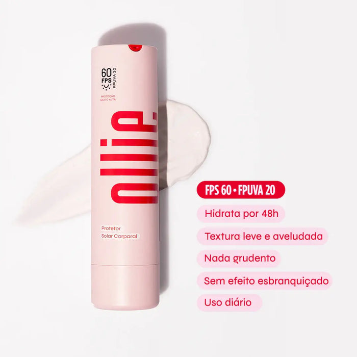 Protetor Solar Hidratante Corporal FPS 60 da Ollie, hidrata por 48h, textura leve e aveludada, uso diário sem efeito esbranquiçado.