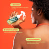 Listagem de ativos do protetor solar corporal bifásico da Ollie com modelo aplicando o produto ao fundo. Niacinamida, que hidrata e fortalece a barreira da pele; Extrato de calêndula, que tem ação tonificante e antioxidante; ativo antioxidante, que protege contra danos causados pela exposição solar.