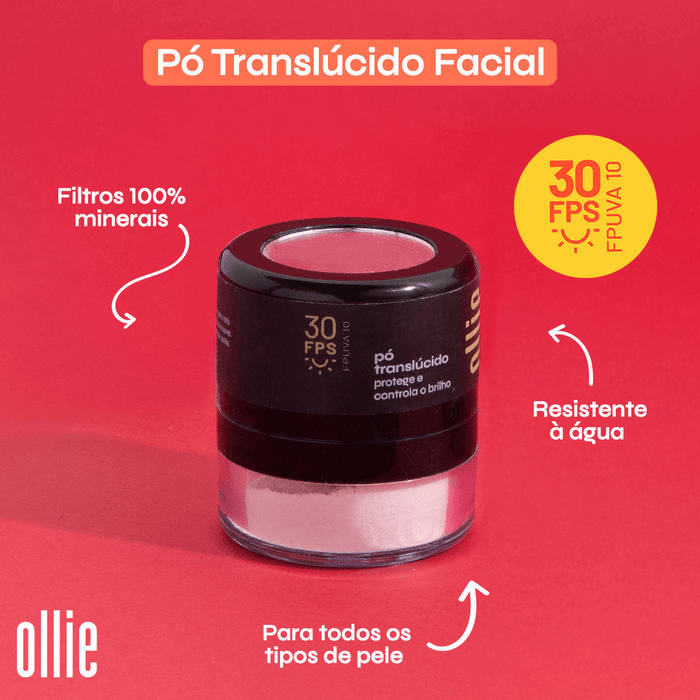 Pó Translúcido Facial Ollie com proteção solar FPS 30 e FPUVA 10, adequado para todos os tipos de pele.