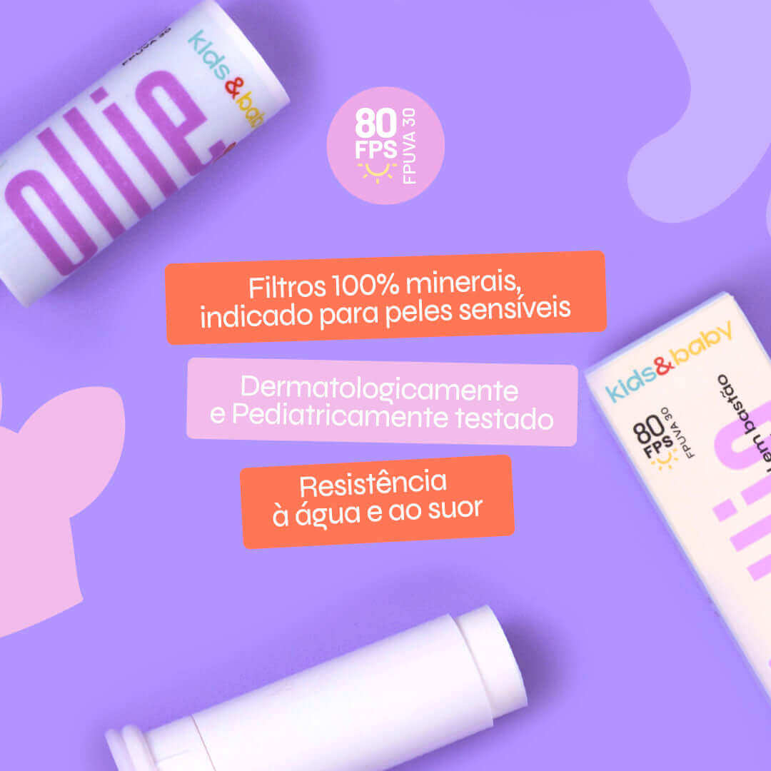 Protetor Solar Infantil em Bastão Mineral FPS 80 FPUVA 30 Muita segurança para seus pequenos e praticidade para adultos! Com FPS 80, FPUVA 30, filtros 100% minerais e formato prático.