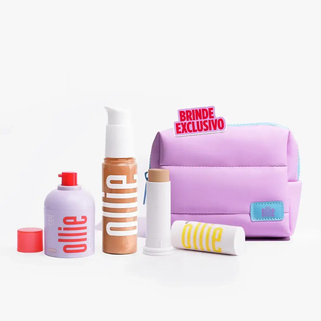 Kit 'trio Pele de Verão o ano todo’ da Ollie com glow facial, iluminador corporal e protetor solar em bastão com cor, acompanhado de necessáire puffer roxa.