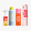 Kit Body care todos os dias da Ollie, composto pelo protetor solar corporal bifásico, protetor solar corporal em aerossol, óleo corporal antioxidante, e pretotetor solar corporal hidratante.