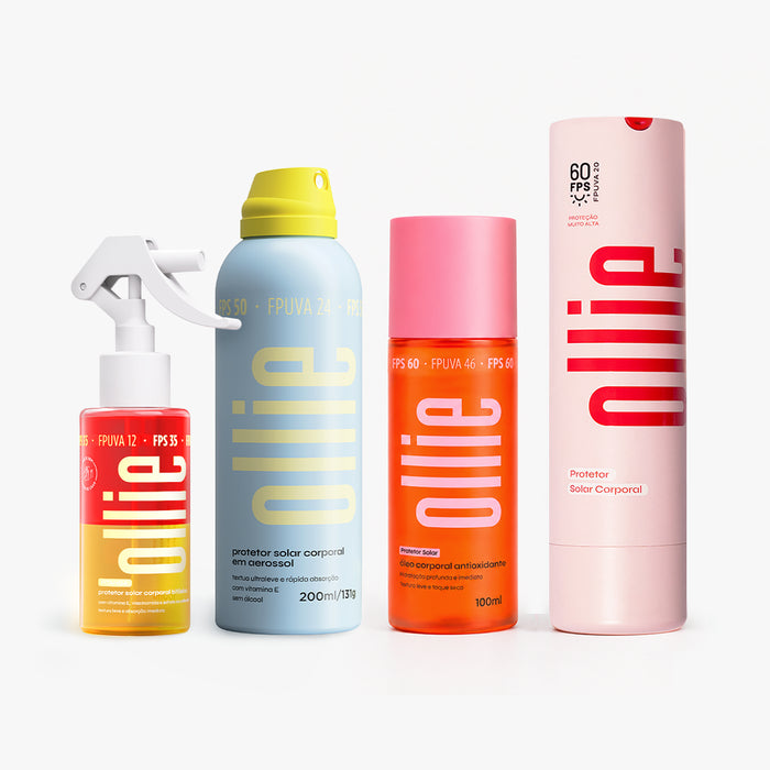 Kit Body care todos os dias da Ollie, composto pelo protetor solar corporal bifásico, protetor solar corporal em aerossol, óleo corporal antioxidante, e pretotetor solar corporal hidratante.