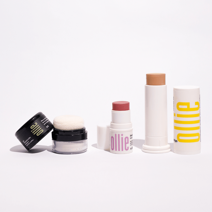 Kit Make Completona da Ollie: Protetor Solar, Bastão 3 em 1 e Pó Translúcido, proteção e beleza em um só kit.