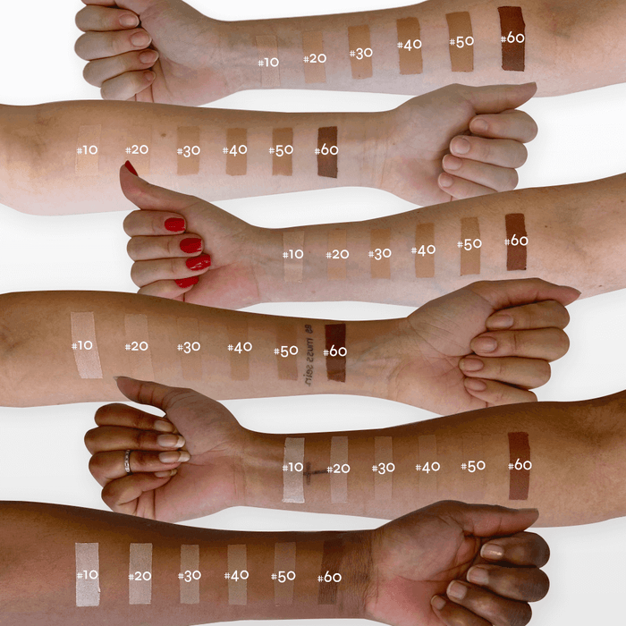 Demonstração de tons do Kit Make Completona da Ollie com swatches numerados de +10 a +60.