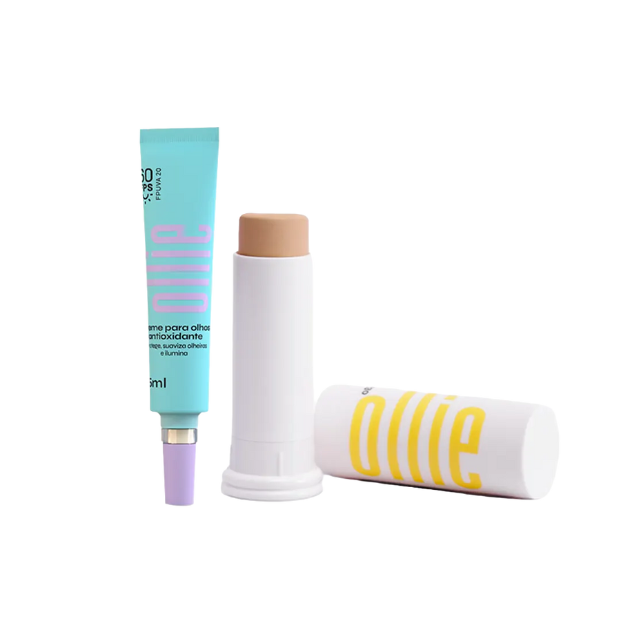 Kit Bye bye olheiras da Ollie. Composto pelo creme para olhos antioxidante FPS 60 e o Protetor Solar em Bastão com cor FPS 95.