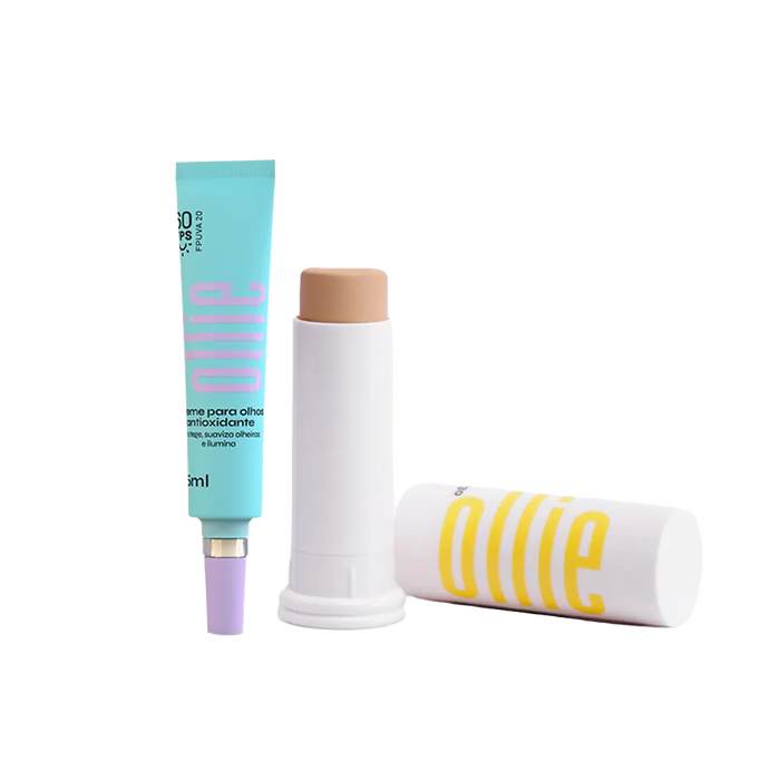 Kit Bye bye olheiras da Ollie. Composto pelo creme para olhos antioxidante FPS 60 e o Protetor Solar em Bastão com cor FPS 95.