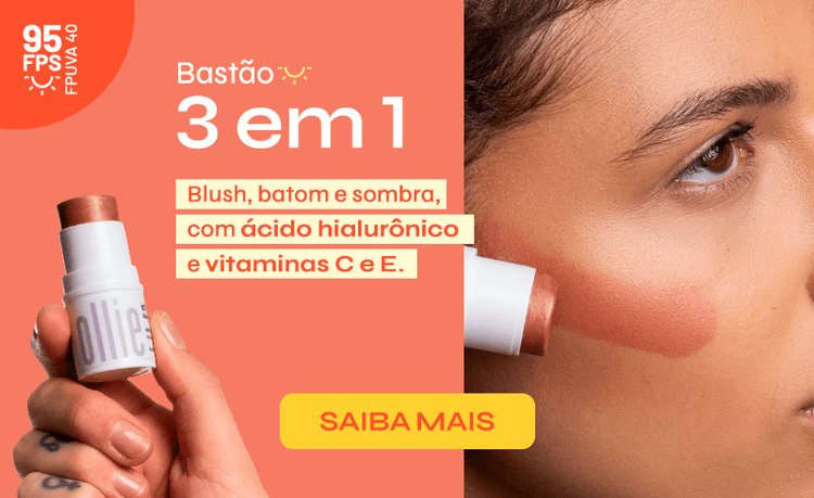 Bastão 3 em 1, blush, batom e sombra com ácido hialurônico e vitaminas C e E