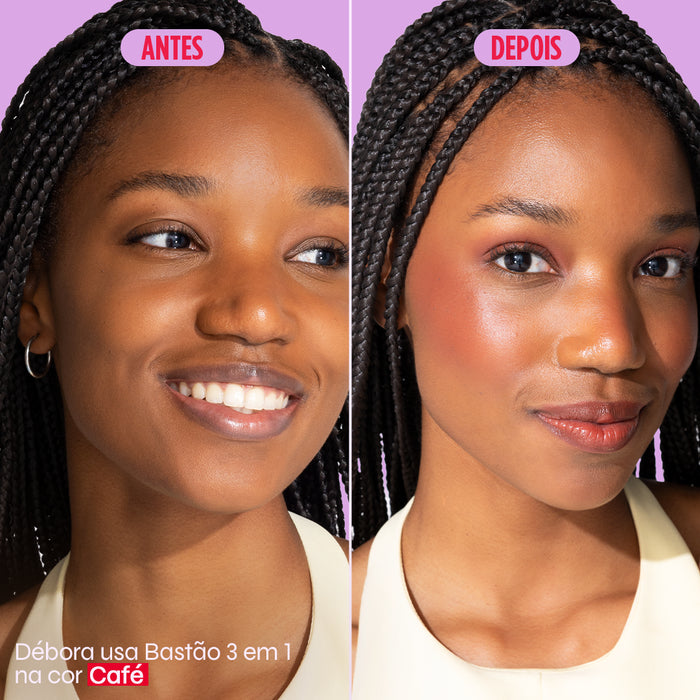 comparação antes e depois do bastão 3 em um na cor café da Ollie na modelo Débora