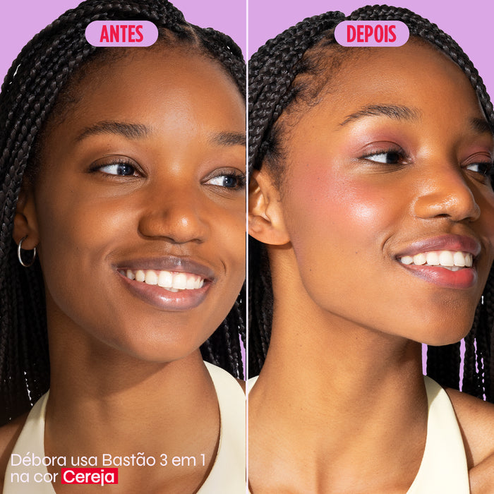 comparação antes e depois do bastão 3 em um na cor cereja da Ollie na modelo Débora.