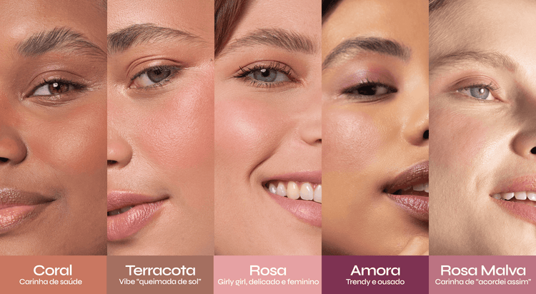 banner com fotos das novas cores de três em um sendo utilizado como blush, sombra e batom. 