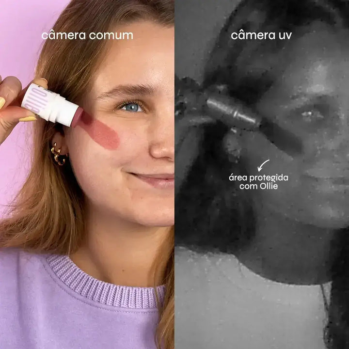 Comparação de imagem em câmera Comum e UV da utilização Bastão 3 em 1 - Blush, Batom e Sombra FPS 95 | meuollie - meuollie