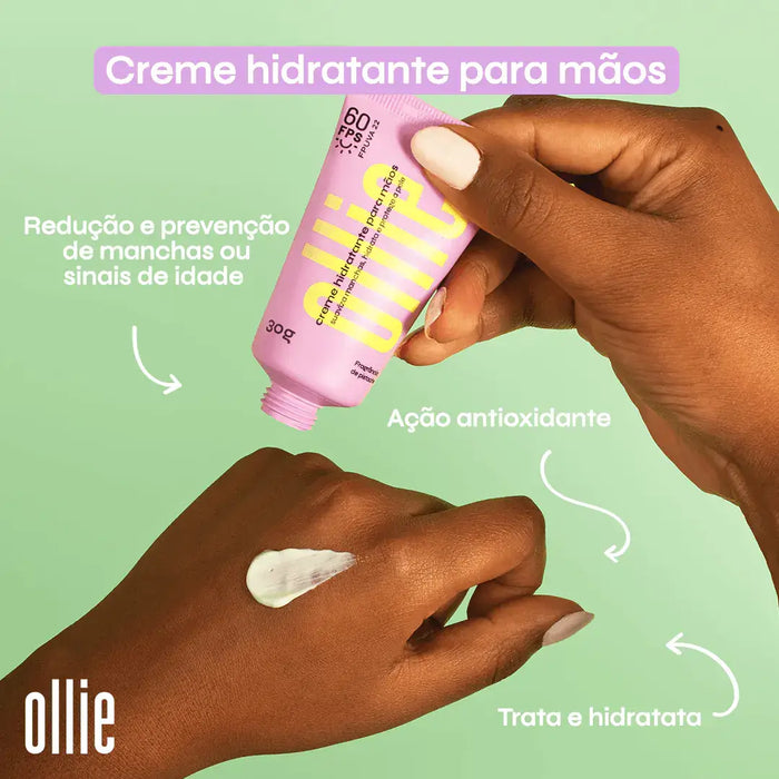 Mãos de modelo aplicando o creme Hidratante para Mãos FPS 60 FPUVA 22 em um fundo verde claro.