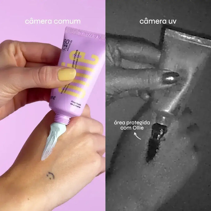 Efeito de proteção UV do creme hidratante para as mãos FPS 60 da Ollie, demonstrado pela câmera UV