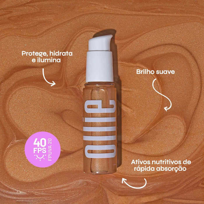 Embalagem de Iluminador Glow Corporal FPS 40 Ollie sob textura do produto, que protege, hidrata e ilumina com brilho suave e ativos nutritivos de rápida absorção.