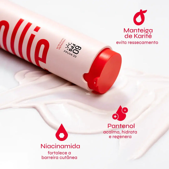 Protetor Solar Hidratante Corporal FPS 60 da Ollie com Niacinamida, Pantenol e Manteiga de Karité para pele hidratada.