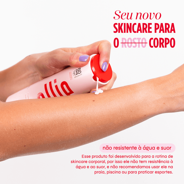 Aplicação do protetor solar hidratante da Ollie, skincare ideal para o corpo.