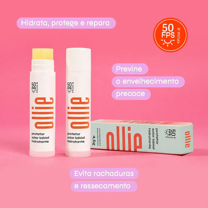 Protetor solar labial hidratante FPS 50 da Ollie. Duas embalagens e uma caixa em um fundo rosa
