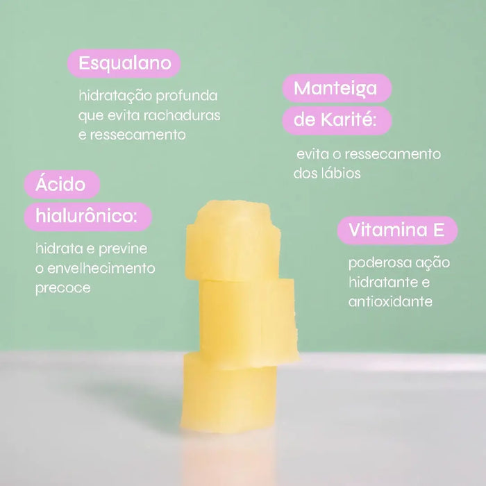 Composição do hidratante labial FPS 50 da Ollie. Composto por Esqualano, Manteiga de Karité, vitamina E e Ácido hialurônico.