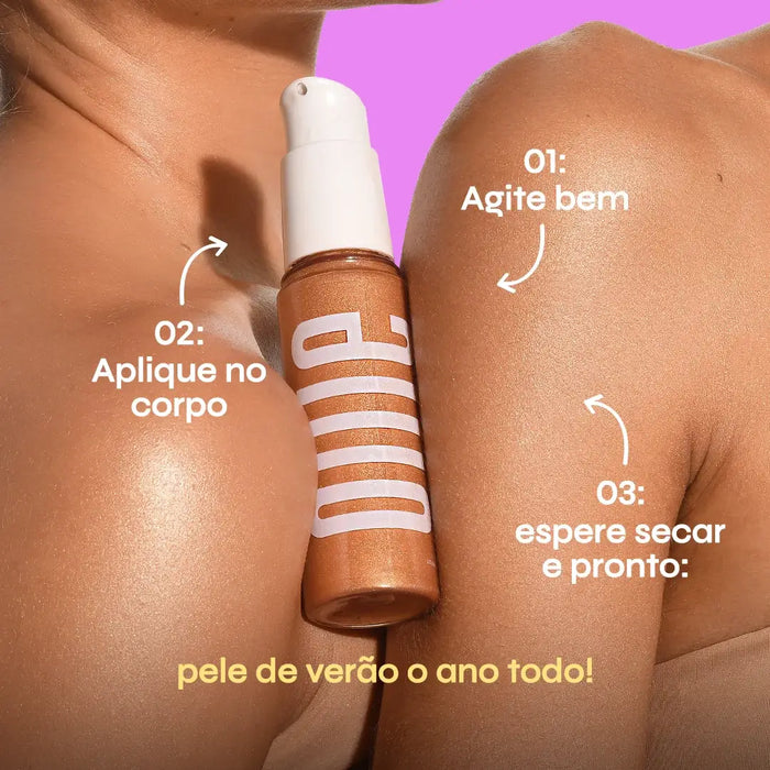 Iinstrução de uso de Iluminador Corporal da Ollie. agite bem, aplique no corpo, espere secar e pronto.
