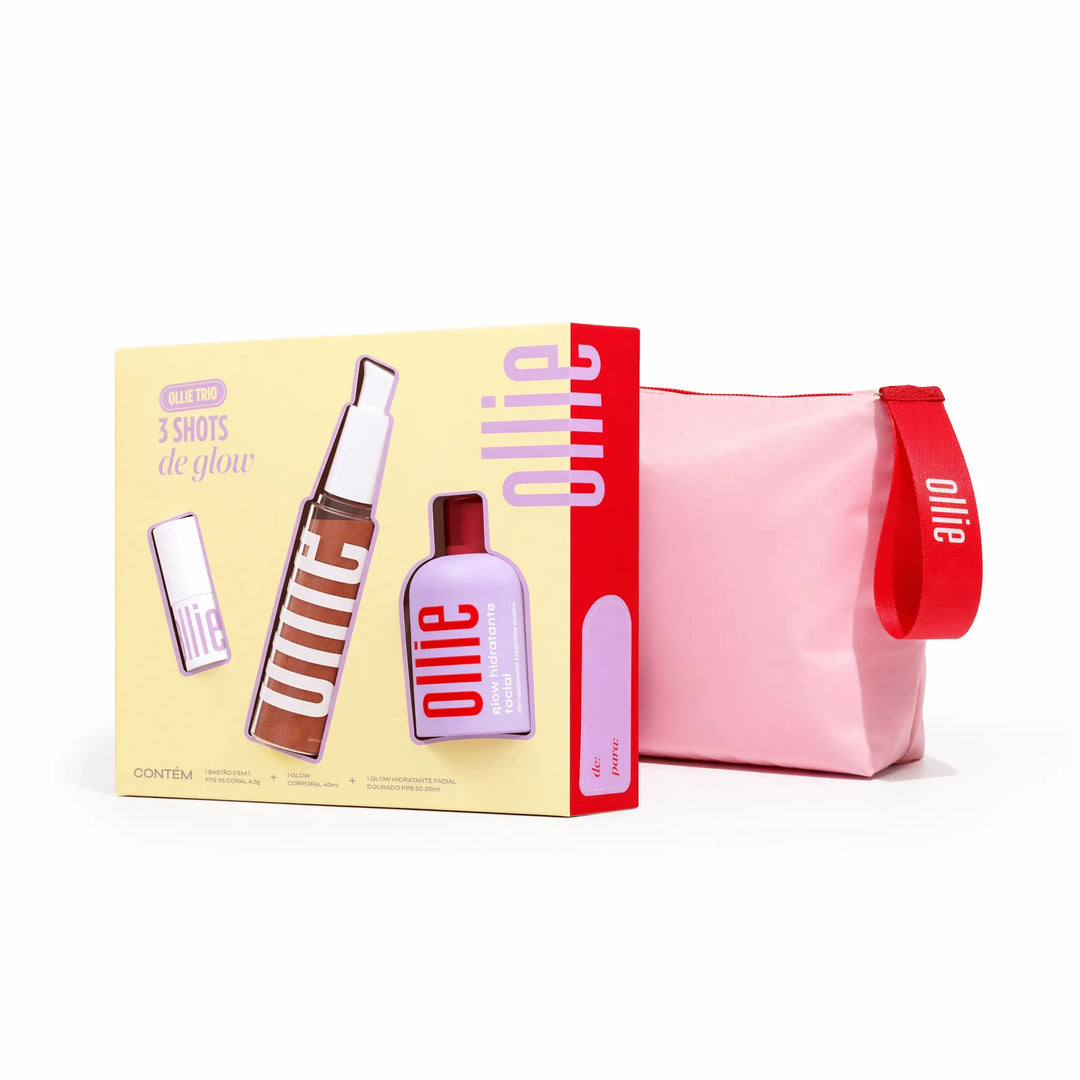 Kit 3 Shots de Glow Ollie: bastão 3em1, iluminador corporal e glow hidratante facial FPS 50 com nécessaire rosa