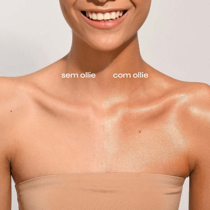 Comparação de pele com e sem Ollie, mostrando o brilho e a luminosidade do Glow Corporal.