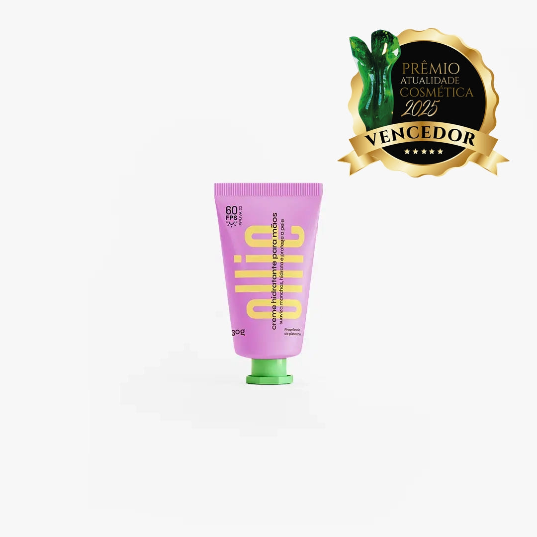 Creme hidratante para mãos FPS 60 FPUVA 22 da Ollie em fundo branco. Produto premiado atualidade cosmética 2025.