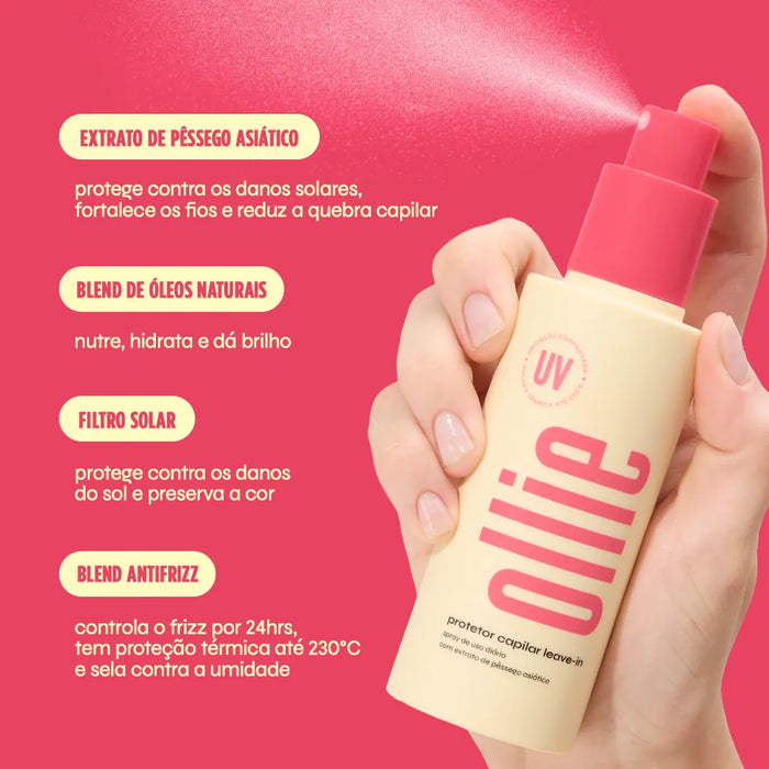 Protetor Capilar Leave-In Ollie em spray, com filtro solar UV e extrato de pêssego asiático, proteção térmica até 230°C