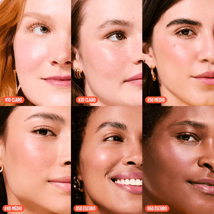 Aplicação do Protetor Solar com cor  da Ollie na pele de seis modelos diferentes com tonalidades de pele distintas, caimento de base com proteção solar FPS 95.