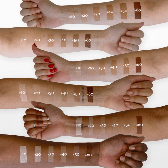 Demonstração de tons de pele para o Kit para Mães Solares da Ollie, mostrando diferentes coberturas do protetor solar.