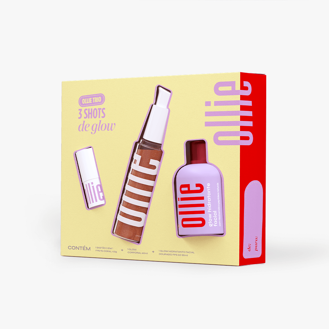 Embalagem da caixa do kit 3 shots de glow composto por bastão 3 em 1 glow corporal e glow facial