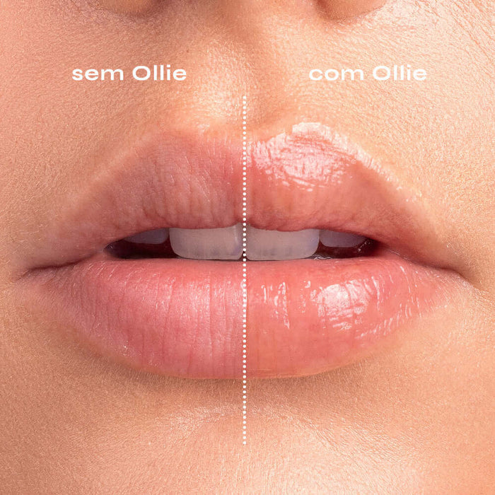 Comparação dos lábios: à esquerda, sem Ollie; à direita, com Ollie, mostrando hidratação e brilho.